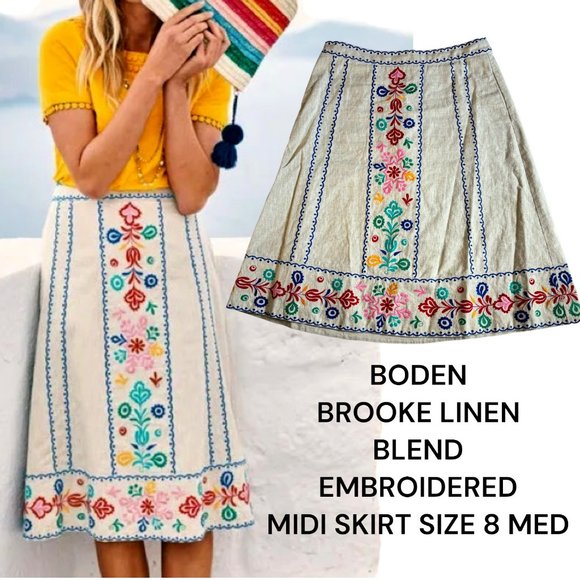 Boden Skirts Boden Brooke Embroidered Linen Cotton Midi Skirt